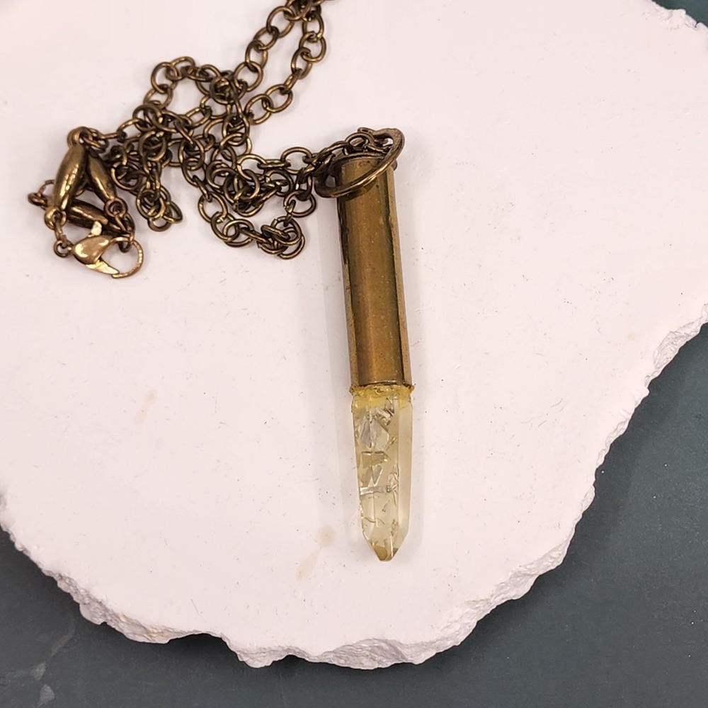 Vintage Antique Brass Tone Bullet Pendant Crackle Glass Crystal Point Necklace